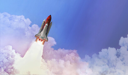 Wall Mural - Space shuttle in the blue sky with cloud. Launch of spaceship. Space wallpaper. Elements of this image furnished by NASA