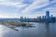 Aerial view of Jersey City Skyline and Morris Canal Park. 