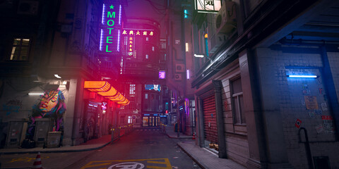 beautiful neon night in a cyberpunk city. photorealistic 3d illustration of the futuristic city. emp