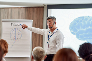 Wall Mural - Engaging minds, empowering success. Asian male speaker in suit with headset and laser pointer giving a talk at corporate business meeting