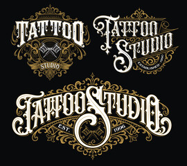 Vintage tattoo lettering logo set. Highly detailed tattoo emblems, logo, badges and t-shirt graphics.