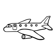 Wall Mural - Airplane icon. Side view. Black contour silhouette. Hand drawn vector flat graphic illustration. Isolated object on a white background. Isolate.