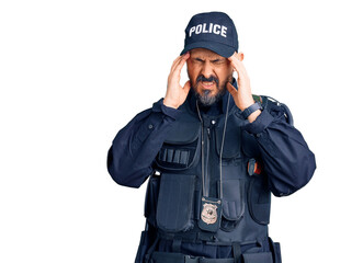 Poster - Young handsome man wearing police uniform with hand on head, headache because stress. suffering migraine.