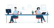 © Анна Канищева - Social distance in the office. New safe work standards. Man and woman workers, sitting and working at a distance from each other, in medical masks . Vector isolated, flat, new business requirements.