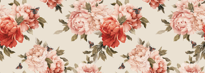 seamless floral pattern with peony flowers on summer background, watercolor. template design for tex