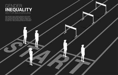 Silhouette hurdles obstacle in front of only one businesswoman . Concept of career obstacles and gender inequality