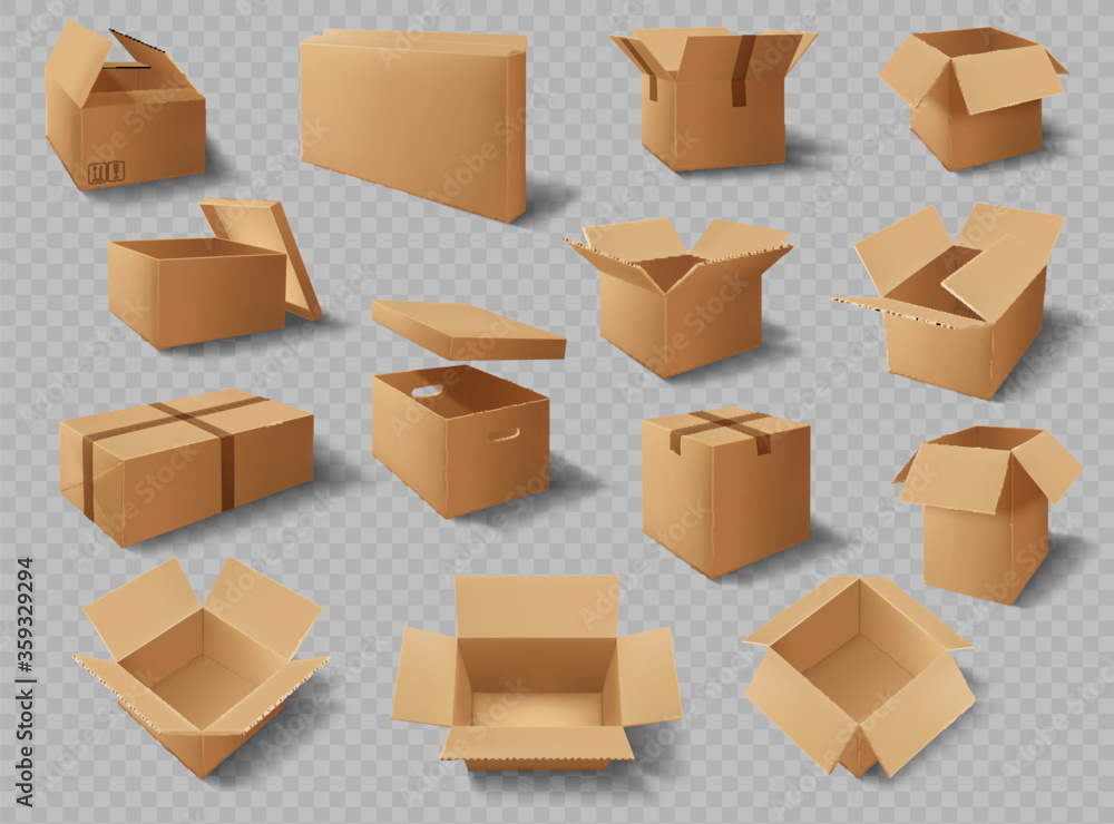 Cardboard boxes, packages and delivery carton cargo packs, vector realistic mockups. Brown cardboard boxes open and closed with adhesive tape, square rectangular storage and delivery shipping packs - obrazy, fototapety, plakaty 