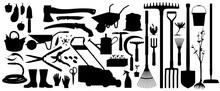 Gardening And Farming Agriculture Tools, Vector Silhouette Icons. Garden And Farm Cultivation Equipment Rakes And Shovel Spade, Tree Secateurs And Gardener Hoe, Watering Hose, Sickle And Lawn Mower