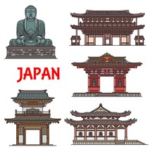 Japanese Temples, Jpanese Pagodas And Building Architecture Landmarks In Kamakura, Kanagawa, Vector. Hase-dera And Jochi-ji Zen Temple, Daibutsu Buddha Statue, Sanmon Shrine And Sammon Main Gate