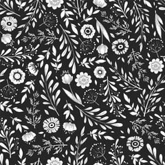 seamless vector doodle pattern with hand drawn flowers, herbs, leaves and branches on black backgrou