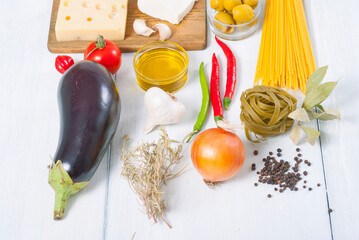 Sticker - mediterranean food ingredients on white wood table