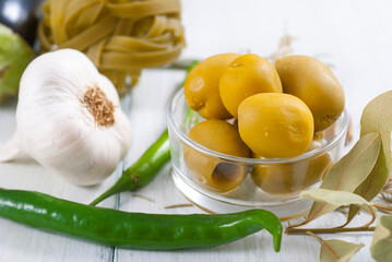 Sticker - traditional italian food ingredients on white wood table