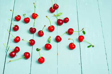 Canvas Print - sour cherry fruits on old blue wooden table background