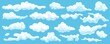 Sky cloud set. Isolated abstract cloudscape on blue sky background. Cartoon white cloud shape icon collection. Summer weather, nature and atmosphere
