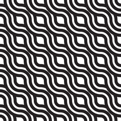 Wall Mural - Black and white diagonal seamless pattern with wavy lines