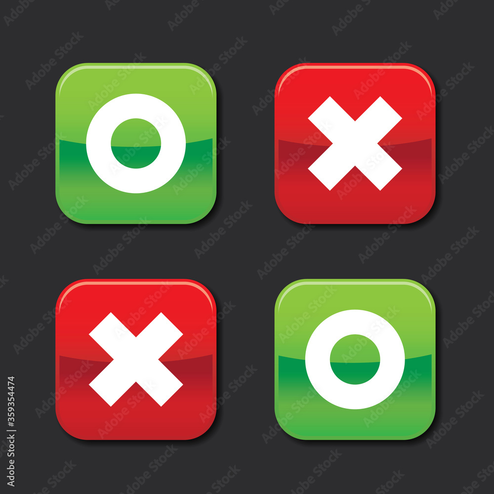 Glossy green o and red x rounded square shape icons with shadow ...