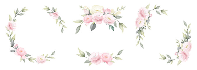 set of rose flower watercolor frame wreath design pink and white bouquet flower design vector.