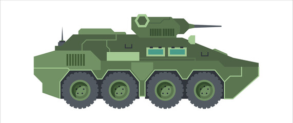 Fighting armored vehicle camouflage. Wheeled green armored personnel carrier gun tower automatic antenna transporting detachment soldiers protection autoloading wheels. Vector combat style.