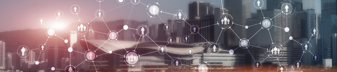 Wall Mural - human resource planning or business organisation on a virtual dashboard. mixed media website header 