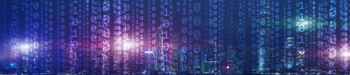binary computer code virtual city skyline. matrix mixed media background.