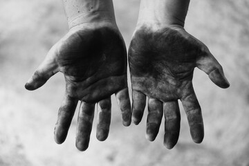 Wall Mural - Dirty hands worker hands man / Open hands stained