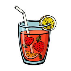 Hand drawn colored non-alcoholic drinks isolated on white background. Lemonade strawberry, lemon and mint leaves. Vector illustrations in sketch style.