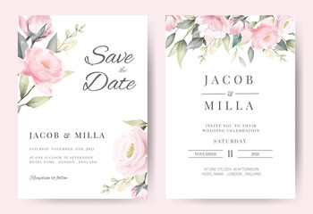 Wall Mural - Rose flower watercolor wedding invitation card set template vector design.