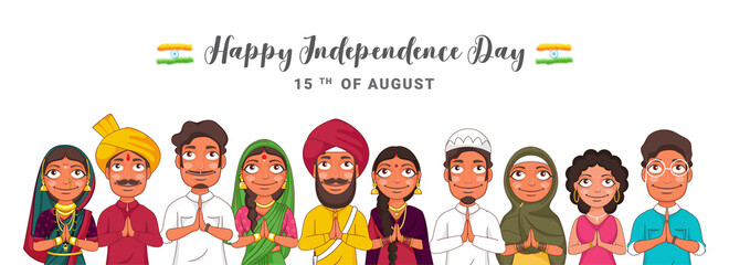 Poster - Different Religion People Doing Namaste (Welcome) Show Unity in Diversity of India for 15th August, Happy Independence Day Celebration.