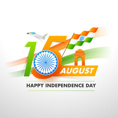 Wall Mural - Paper Cut 15 August Text with Ashoka Wheel, Indian Flag, India Gate and Fighter Aircraft on White Background for Happy Independence Day Concept.