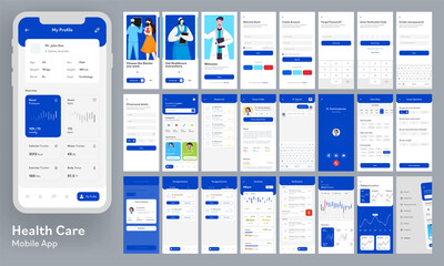 Wall Mural - Healthcare Mobile App Ui Kit with Responsive Website Wireframes on Grey Background.