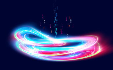 Aufkleber - Visualized data stream. Abstract neon field, fractal elements of digital data and binary code. Full-color 3D illustration on a dark background