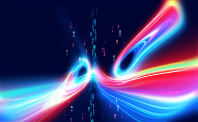 Aufkleber - Visualized data stream. Abstract neon field, fractal elements of digital data and binary code. Full-color 3D illustration on a dark background