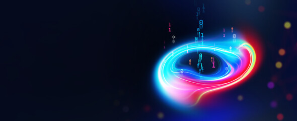 Sticker - Visualized data stream. Abstract neon field, fractal elements of digital data and binary code. Full-color 3D illustration on a dark background