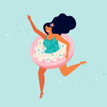 Happy Woman In A Swimsuit Runs With Sweet Donut Inflatable Swimming Pool Float. Summer Beach Party. Female Character Is Resting By The Sea. Pin Up Girl. Summertime. Hand Drawn Flat Vector Illustration