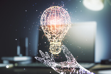 Creative light bulb hologram on modern laptop background, idea concept. Multiexposure