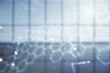 © Pixels Hunter - Abstract virtual wireless technology hologram with hexagon on modern interior background, artificial intelligence and machine learning concept. Multi exposure
