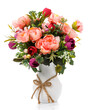 Big bouquet of pink flowers and greens in white vase. Isolated.