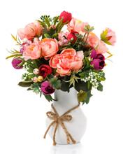 Big Bouquet Of Pink Flowers And Greens In White Vase. Isolated.