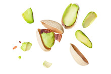 Pistachio Piece Crushed   Isolated On White Background Clipping Path, Full Depth Of Field
