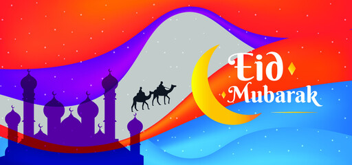 Wall Mural - Eid Mubarak colorful greeting wish poster with camels and men, illustration vector, editable