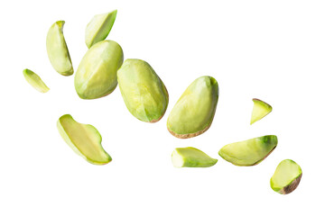Wall Mural - full pistachio piece floating in the air isolated on white background clipping path, full depth of field