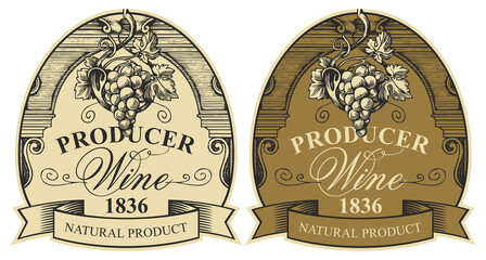 Wine labels with a bunch of grapes, a ribbon and a calligraphic inscription in a figured frame. Vector set of two elegant hand-drawn labels in vintage style