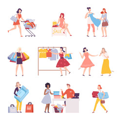 Sticker - Young Women Taking Part in Seasonal Sale at Store, Mall Set, Girls Carrying Shopping Bags and Boxes with Purchases Flat Style Vector Illustration Isolated on White Background