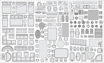 icons set of interior (top view). isolated vector illustration. furniture and elements for living ro