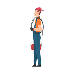 Sticker - Male Electrician Engineer, Professional Worker Character in Uniform with Cable and Toolbox Cartoon Style Vector Illustration