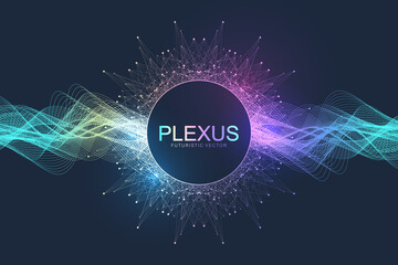 Wall Mural - Abstract geometric background with dynamic particles, wave flow. Big data, plexus stream background. Perspective data visualization with fractal element. Plexus flow style. Digital vector illustration