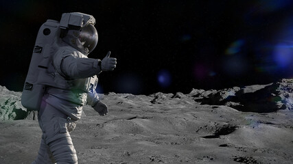Wall Mural - astronaut on the surface of the moon showing thumbs