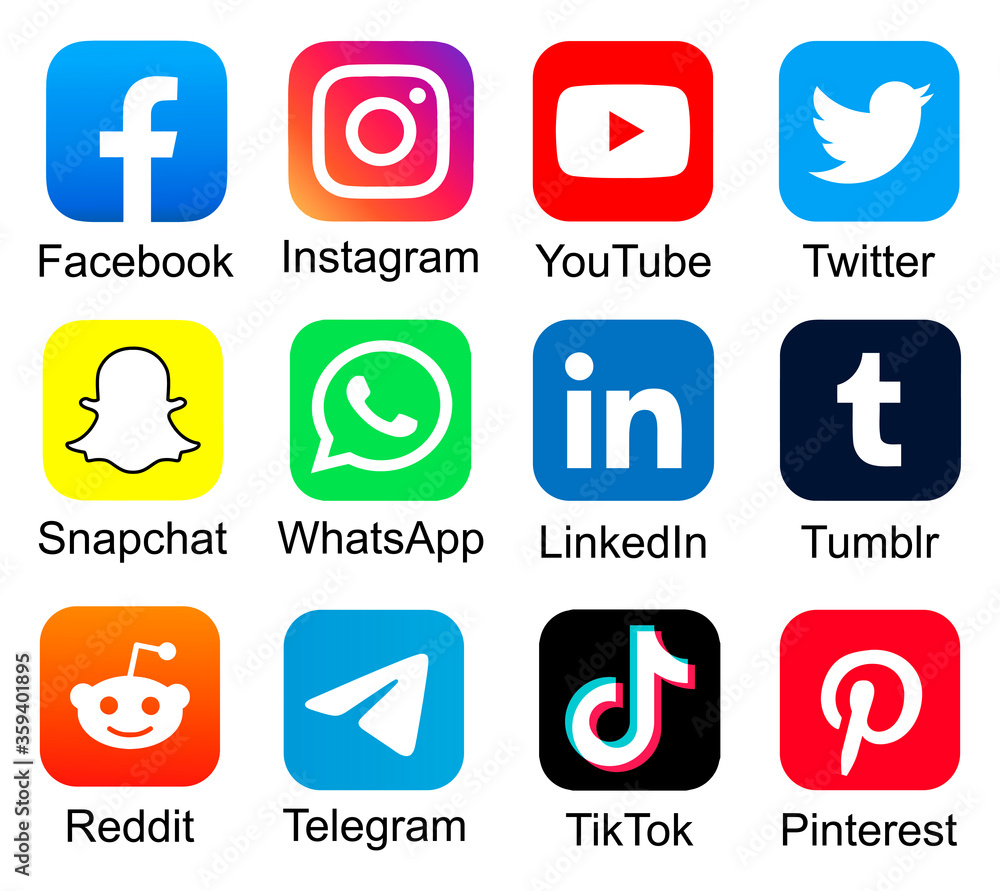 Facebook, twitter, instagram, youtube, reddit,telegram,snapchat, pinterest,  tiktok logo.. Facebook, twitter, instagram, youtube,  reddit,telegram,snapchat, pinterest, tiktok icon Stock Vector | Adobe Stock, image size:1000x891