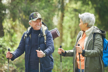 Wall Mural - waist up portrait of active senior couple enjoying nordic walking with poles during hike in forest, 