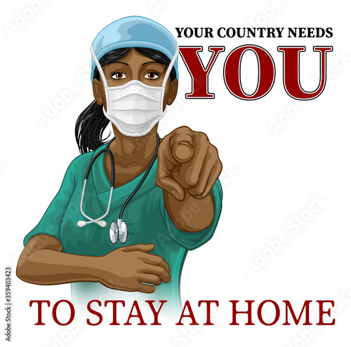 Cuadros en Lienzo A woman nurse or doctor in surgical or hospital scrubs and mask pointing in a your country needs or wants you gesture